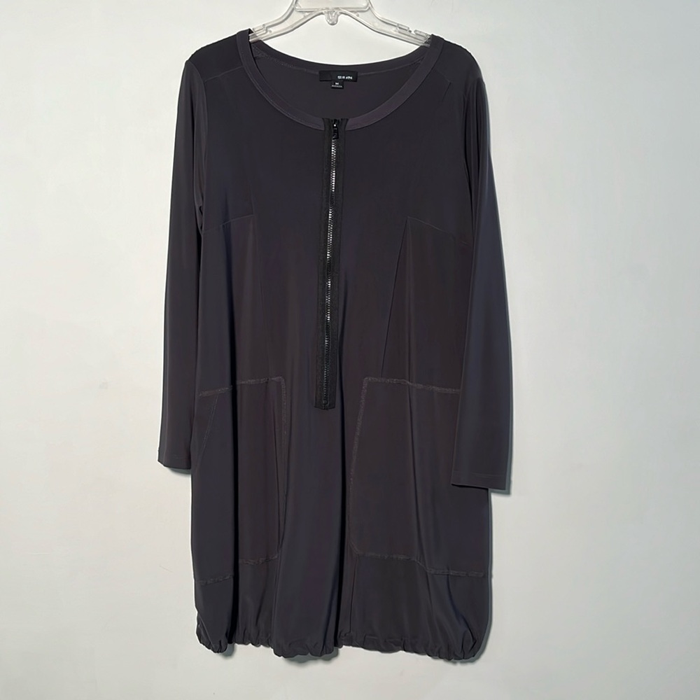 SUN KIM Minimalist/Artsy Grey Stretch Jersey Lgenlook Zip 2 Pocket Tunic Dress M